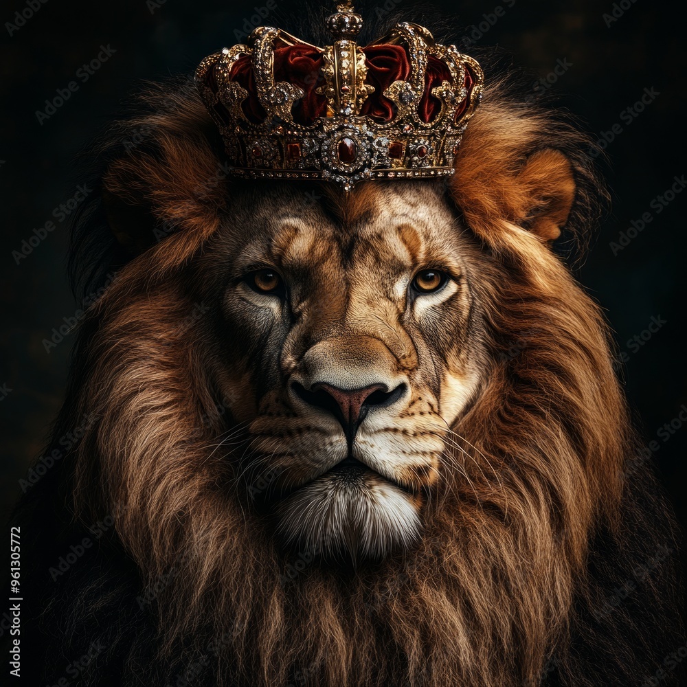 Fototapeta premium Regal Lion with Ornate Crown, a powerful symbol of strength and nobility, showcasing the king of the jungle adorned with a luxurious crown, embodying grace and authority.