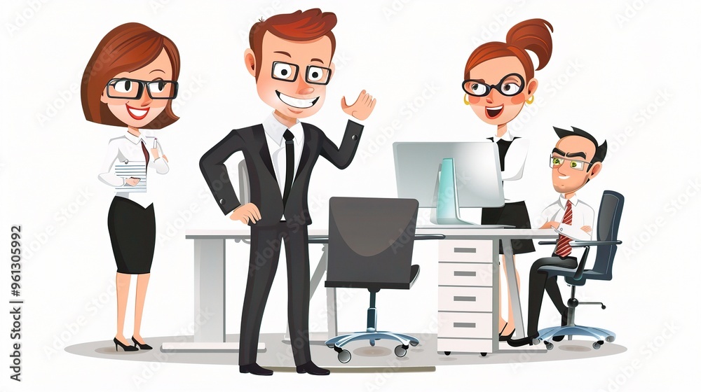 An office cartoon character standing in a professional environment. The character is wearing business attire and has a unique design. It is holding office tools and seems to be engaged in work - relat An office cartoon character standing in a professional environment. The character is wearing business attire and has a unique design. It is holding office tools and seems to be engaged in work - relat