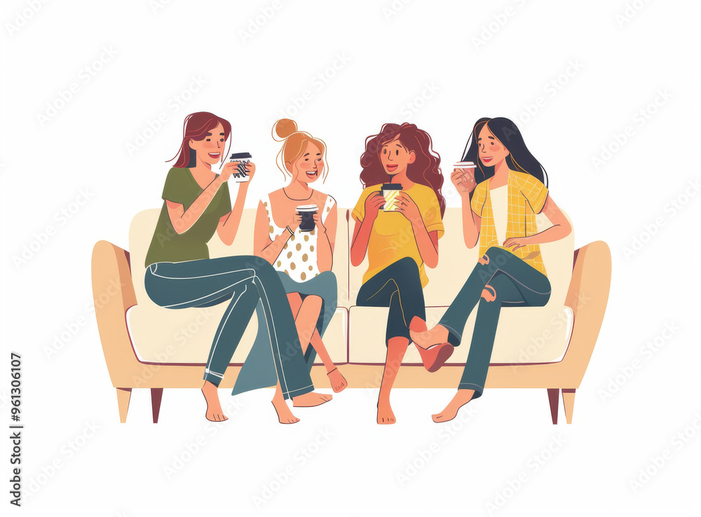 Fototapeta premium Women are resting at home. Young girls are sitting on the couch with hot drinks, laughing and chatting. A meeting of friends. The concept of friendship.