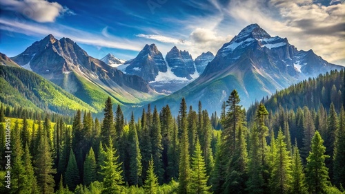 Awe inspiring mountain range and dense forest with clear light
