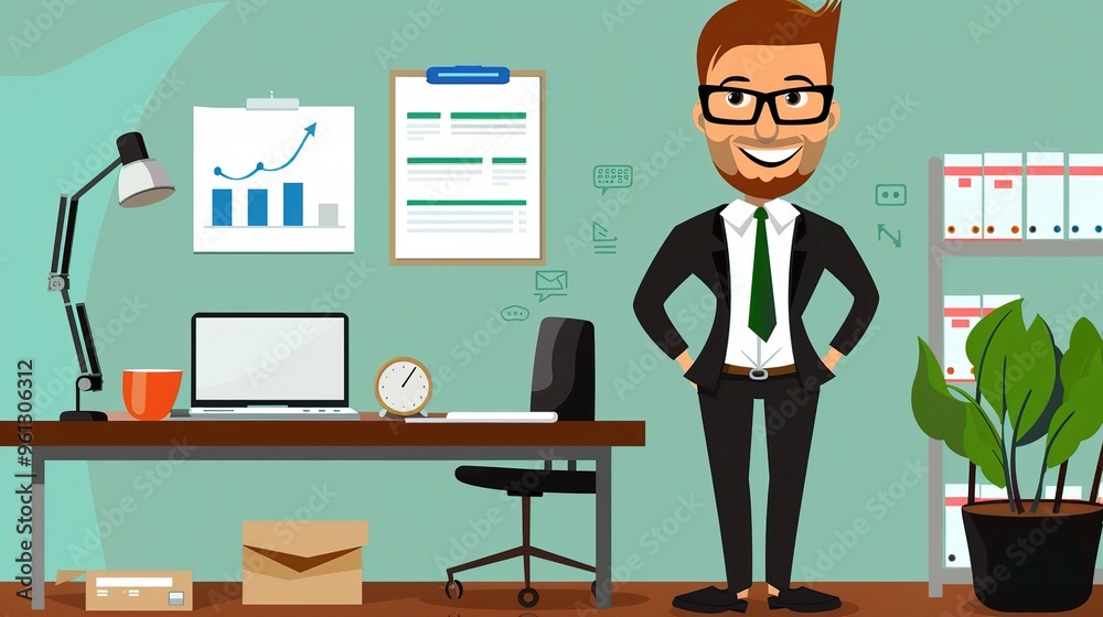 An office cartoon character standing in a professional environment. The character is wearing business attire and has a unique design. It is holding office tools and seems to be engaged in work - relat An office cartoon character standing in a professional environment. The character is wearing business attire and has a unique design. It is holding office tools and seems to be engaged in work - relat