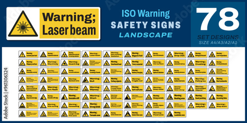 78 set ISO warning safety signs v4 laser beam landscape size 1/2 a4,a3,a2,a1	
 photo