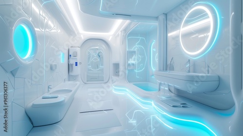 A sleek, futuristic bathroom with a pristine white design, highlighted by glowing blue elements and modern fixtures. The high-tech features and smooth surfaces create a clean, tranquil atmosphere with