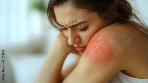 A woman shows discomfort due to a skin condition on her arm.