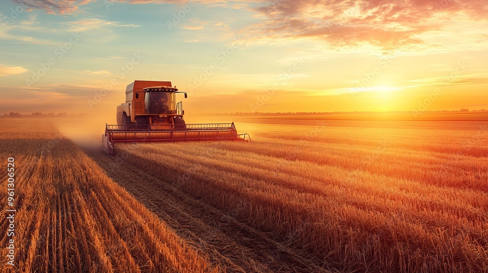 Fototapeta premium An agricultural harvester working in the field at sunset, capturing the essence of agribusiness with machinery efficiently gathering the crop as the day fades.