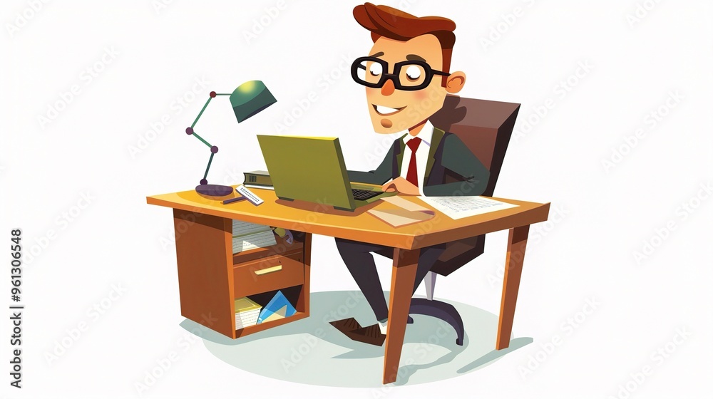 An office cartoon character standing in a professional environment. The character is wearing business attire and has a unique design. It is holding office tools and seems to be engaged in work - relat An office cartoon character standing in a professional environment. The character is wearing business attire and has a unique design. It is holding office tools and seems to be engaged in work - relat