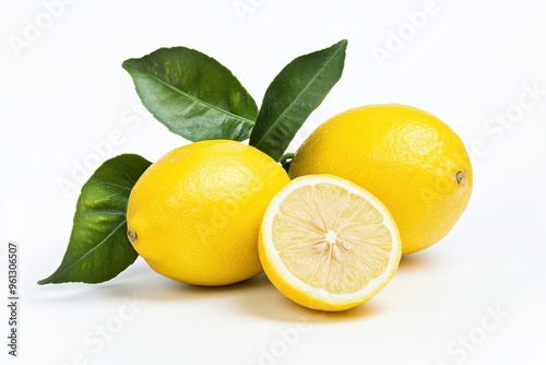 Wallpaper Mural Two lemons with green leaves, one cut in half, showcasing freshness and culinary use. Torontodigital.ca