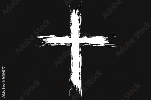 A rough white cross painted against a black background evoking simplicity spirituality and a bold visual religious symbol  
