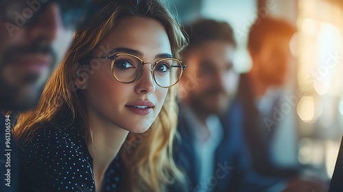 A close-up of a young woman in glasses looking intently at her laptop screen, focused on her task.