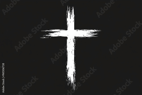 White cross on a black background with rough paint texture A white cross painted with rough strokes on a plain black background, symbolizing faith, spirituality, and simplicity