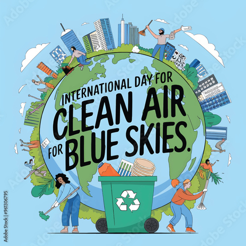 Illustration of diverse people around a city skyline promoting clean air initiatives for the International Day of Clean Air for Blue Skies, advocating for a sustainable future.