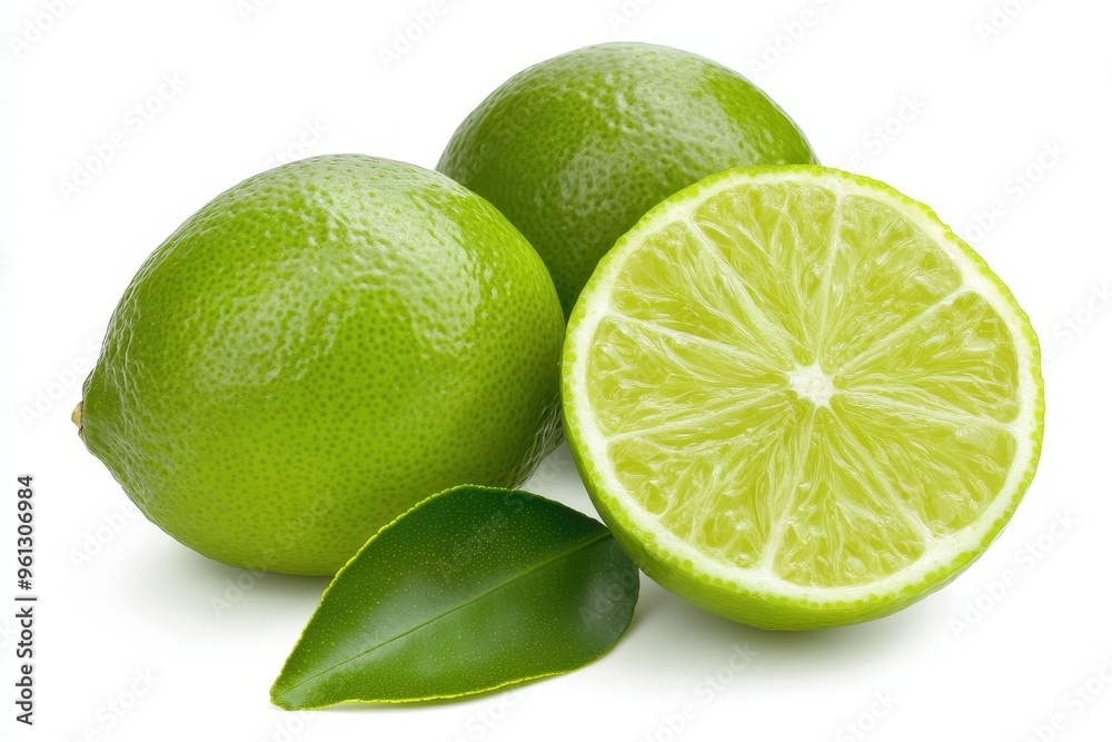 Two limes and a sliced half with green leaves. Two limes and a sliced half with green leaves.