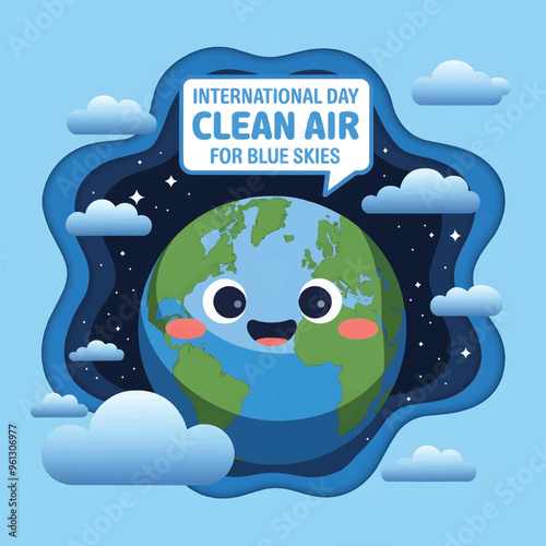 International Day of Clean Air for Blue Skies vector with the globe, clouds, and a clean air banner, representing the global call for environmental protection and cleaner air.