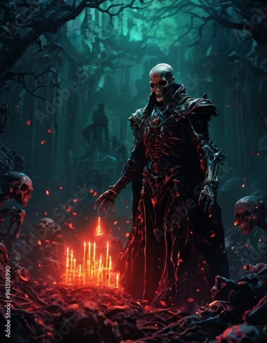 A haunting scene of a skeleton lord standing amidst an ominous forest, conjuring bright red flames. The atmosphere is filled with a sense of dread and dark magic, perfect for fantasy and horror themes