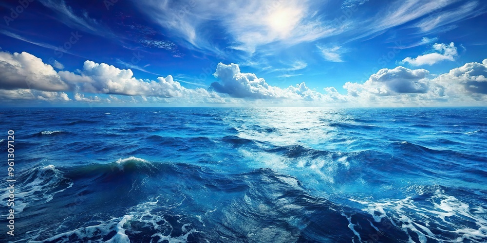 Spectacular high-altitude view of a limitless blue ocean, characterized by precise, cinematic composition, and photorealistic rendering of subtle wave movements and atmospheric haze. Spectacular high-altitude view of a limitless blue ocean, characterized by precise, cinematic composition, and photorealistic rendering of subtle wave movements and atmospheric haze.