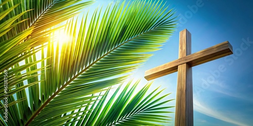 Background of cross and palm leaves against a clear sky, perfect for Palm Sunday photo