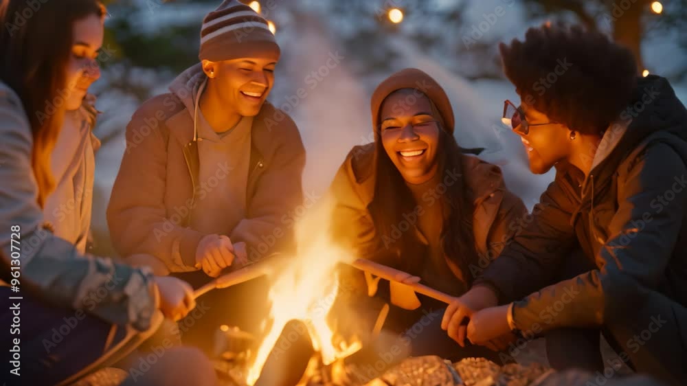 Four friends enjoy a cozy evening around a campfire, roasting marshmallows and laughing together, A group of friends roasting marshmallows over a campfire Four friends enjoy a cozy evening around a campfire, roasting marshmallows and laughing together, A group of friends roasting marshmallows over a campfire