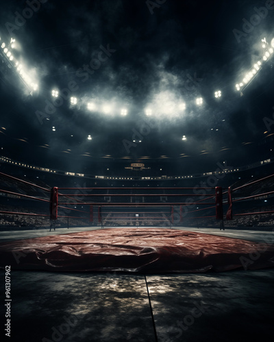 Boxing ring, dark tone, looks fierce.