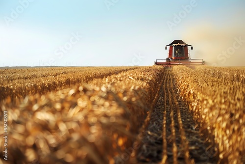 A combine harvester is harvesting a field of wheat. The combine is cutting the wheat stalks and threshing the grain. The grain is then collected in a hopper on the combine.