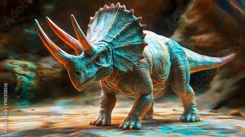 Holographic Triceratops A Captivating Visualization of the Prehistoric Creature s Distinctive Three Horned Appearance Showcasing the Power of Digital Technology and Futuristic photo