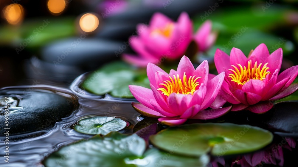 Bright pink water lilies float gracefully on a still pond, with their ...