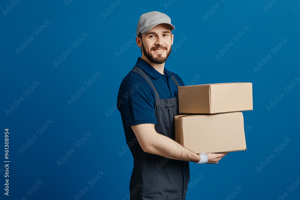 smiling delivery worker wearing a cap and uniform holds two cardboard boxes while standing against a vibrant blue background