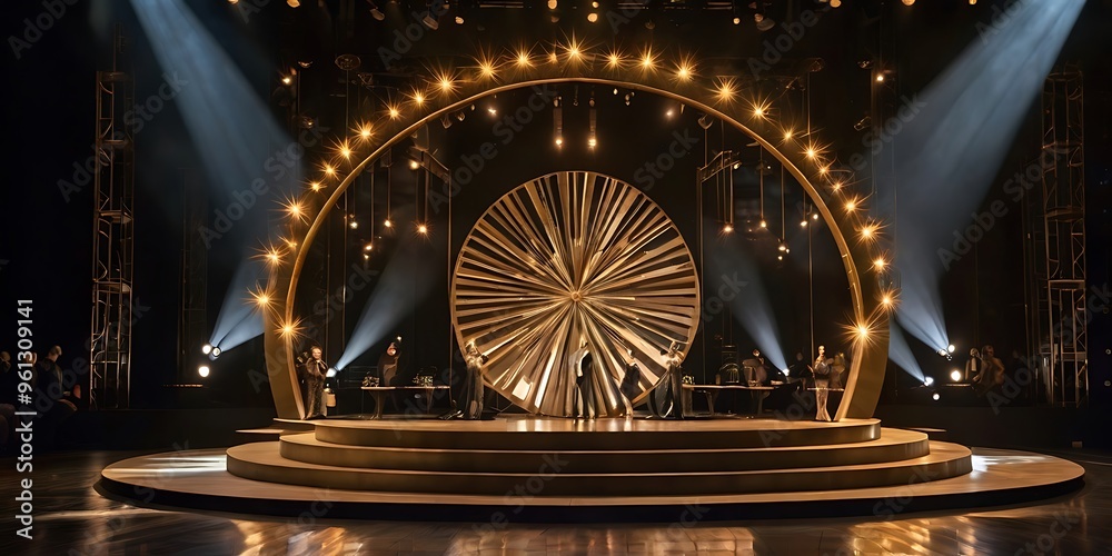Dramatic and elegant golden luxury stage setup with a circular platform at the center, suitable for showing products and projects