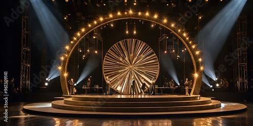 Obraz na płótnie Dramatic and elegant golden luxury stage setup with a circular platform at the center, suitable for showing products and projects w salonie