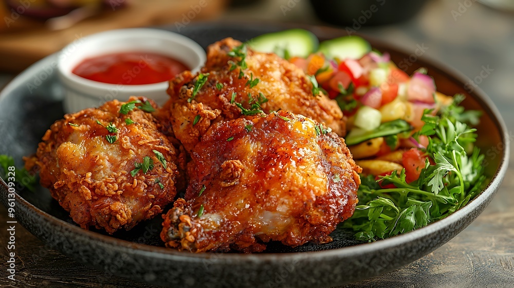 Crispy fried chicken served with fresh salad and ketchup, creating a delicious and satisfying meal. Crispy fried chicken served with fresh salad and ketchup, creating a delicious and satisfying meal.