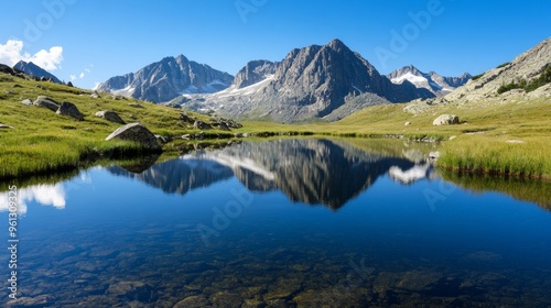 Mirror Lake Reflection, tranquil waters perfectly mirroring majestic mountain peaks, creating a serene and picturesque landscape of nature's splendor.