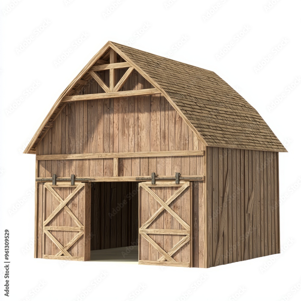 Naklejka premium 3D Render of a wooden barn with large double doors and a hayloft, on isolated white background
