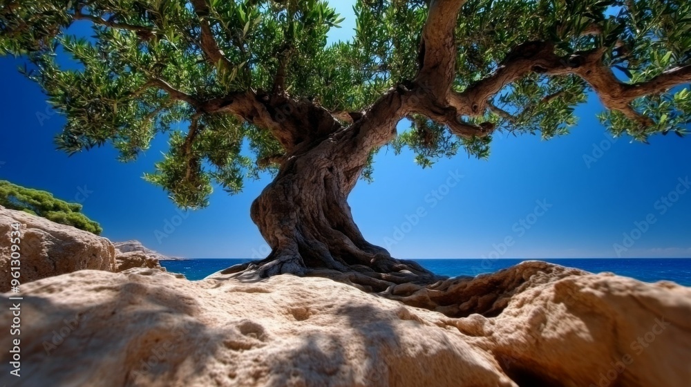 A solitary, ancient tree with thick roots firmly embedded in rocky terrain, its branches spreading wide under a bright, cloudless sky. A solitary, ancient tree with thick roots firmly embedded in rocky terrain, its branches spreading wide under a bright, cloudless sky.
