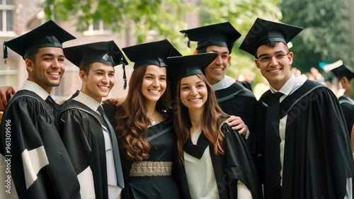 Wallpaper Mural A group of five recent graduates, wearing their graduation gowns and caps, pose for a video together on a university campus, A group of graduates posing for a video Torontodigital.ca