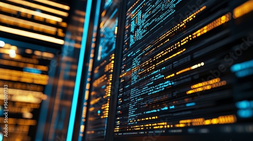 Lines of code displayed on computer screens in a data center, used for troubleshooting and upgrading hardware, with close-up views of scripts running on PC monitors among server racks.