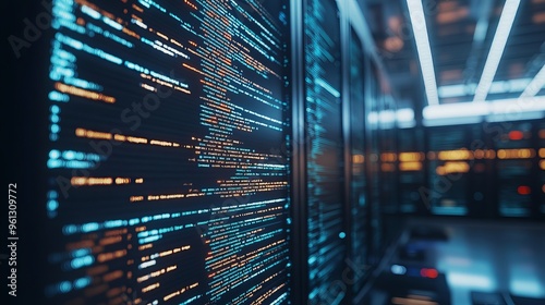 Lines of code displayed on computer screens in a data center, used for troubleshooting and upgrading hardware, with close-up views of scripts running on PC monitors among server racks.
