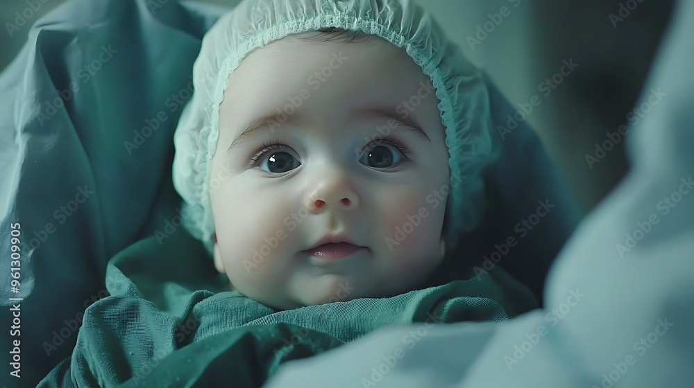 A curious baby in a surgical cap looking up, capturing a moment of innocent wonder. A curious baby in a surgical cap looking up, capturing a moment of innocent wonder.