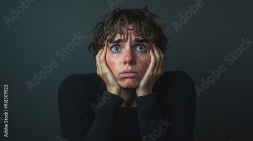 Woman with Worried Expression Looking Up.