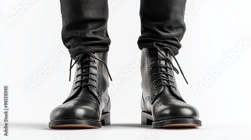 Pair of black leather dress boots for men, including black brogue boots displayed on a white background, with a man’s legs in black jeans showcasing the stylish footwear. photo