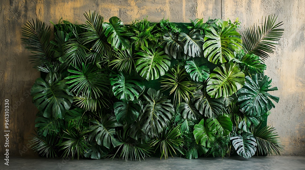 A tropical leaf wall background, providing ample copy space for creative designs. A tropical leaf wall background, providing ample copy space for creative designs.