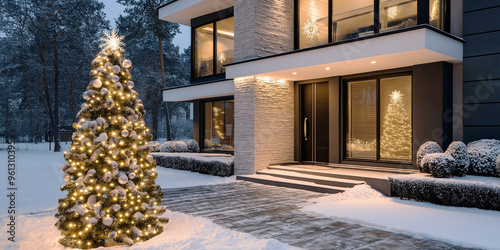 The exterior of the modern luxury villa is decorated with decorative elements for Christmas. New Year tree, garlands. Home decoration concept for Christmas. photo