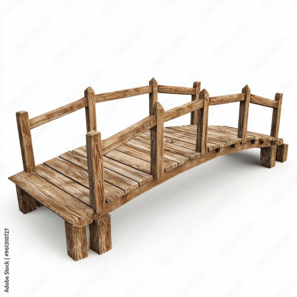 Fototapeta premium 3D Render of a wooden bridge with railings and support beams, on isolated white background