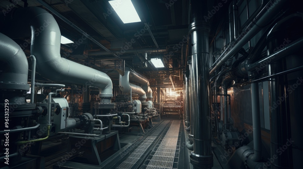 Fototapeta premium The inside of an industrial plant with many pipes and machinery. Large metal pipes are connected by various valves and devices. The atmosphere is tense.