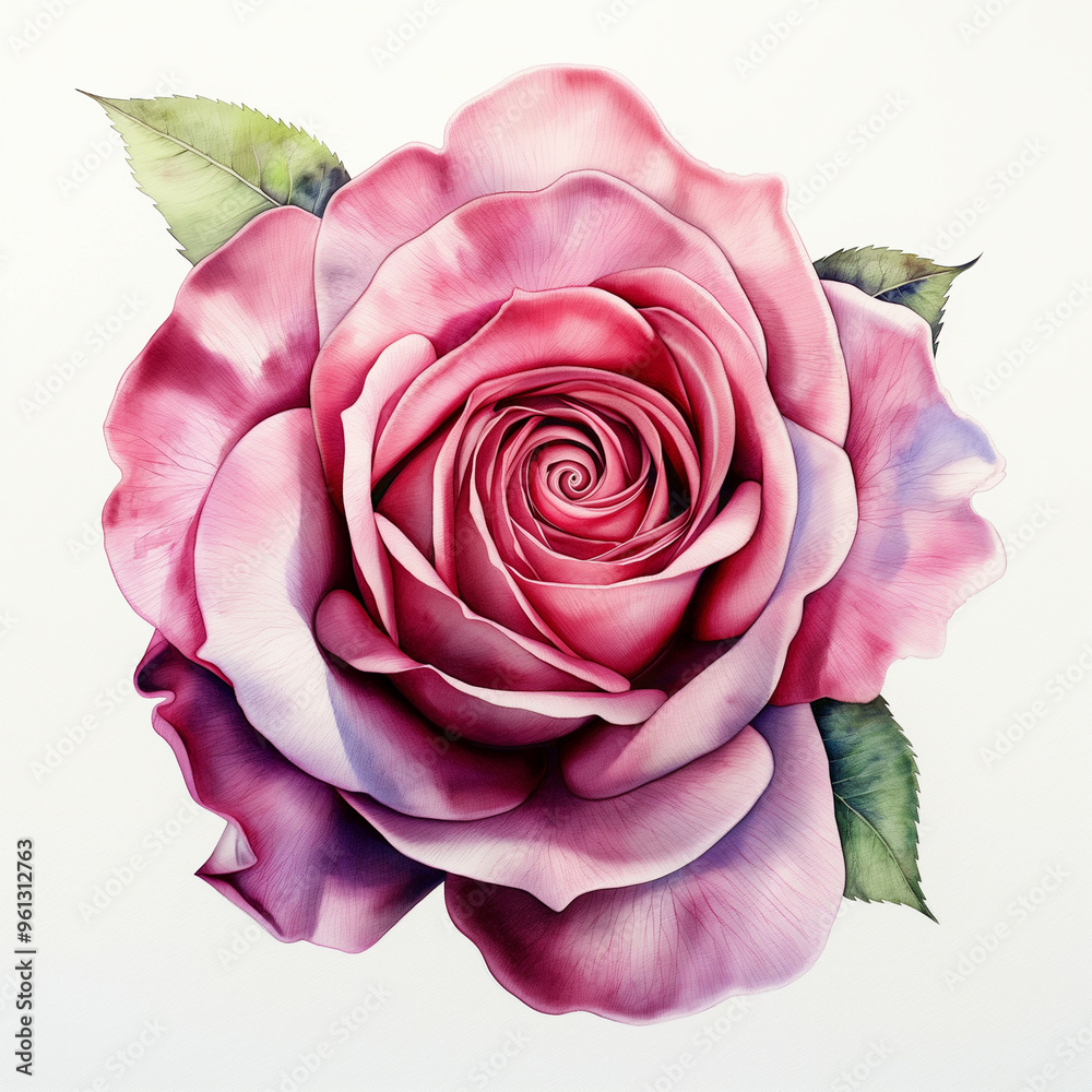 Pink light red watercolour rose flower top view illustration on white background. Floral blossom concept Pink light red watercolour rose flower top view illustration on white background. Floral blossom concept