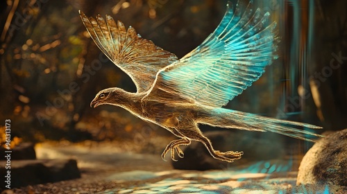 hologram visualization of the Archaeopteryx an early feathered dinosaur taking flight in a futuristic digital simulation  This prehistoric creature is showcased in a stunning 3D rendering photo