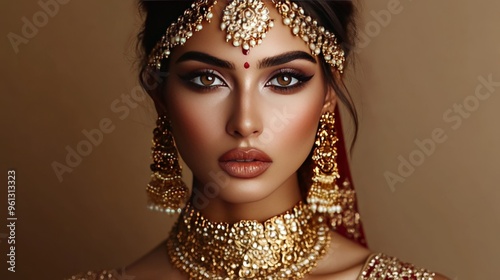 Indian woman in ethnic attire with gold adornments.