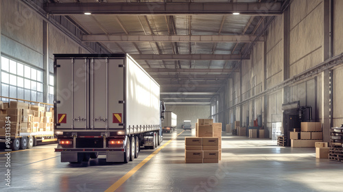 A truck with open doors stands ready as workers load and unload boxes inside a spacious warehouse, bustling with activity and echoes of industry