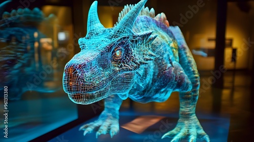 Holographic display showcasing the impressive Ceratosaurus dinosaur with its prominent nose horn a captivating prehistoric creature in a futuristic digital landscape photo