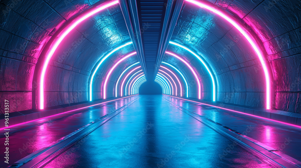 Neon-lit futuristic tunnel, vibrant blue and pink lighting, long symmetrical perspective, glowing lines and shapes, cyberpunk aesthetic Neon-lit futuristic tunnel, vibrant blue and pink lighting, long symmetrical perspective, glowing lines and shapes, cyberpunk aesthetic