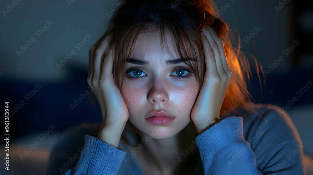 A young woman appears distressed, holding her head in a dimly lit room. A young woman appears distressed, holding her head in a dimly lit room.