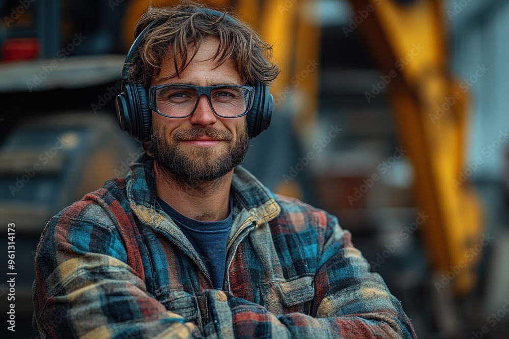 Man in Headphones at Construction Site Man in Headphones at Construction Site